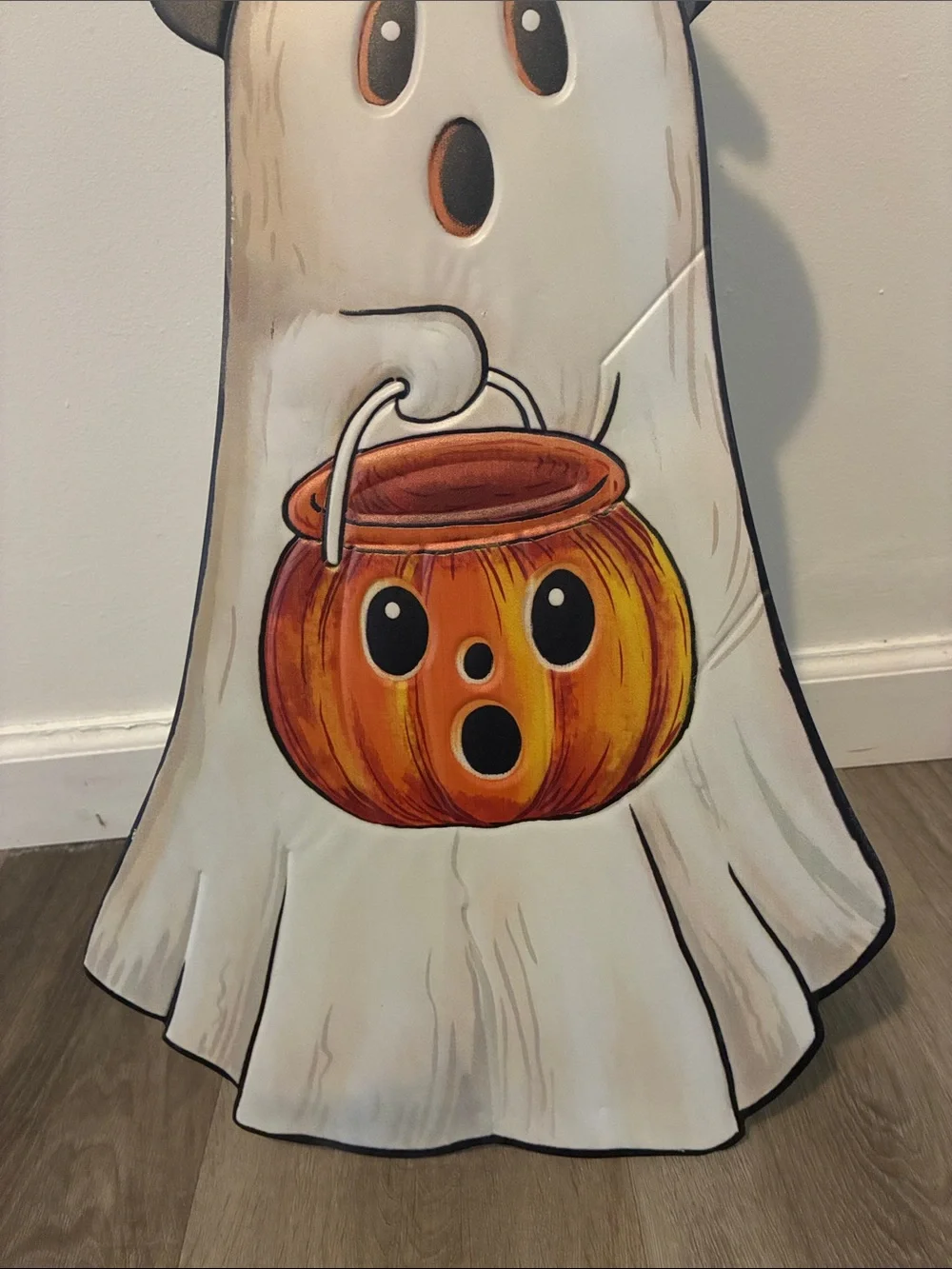 NWT- 23” White Ghost Witch w/ Orange Pumpkin Pail- Metal Easel Stand Porch Sign